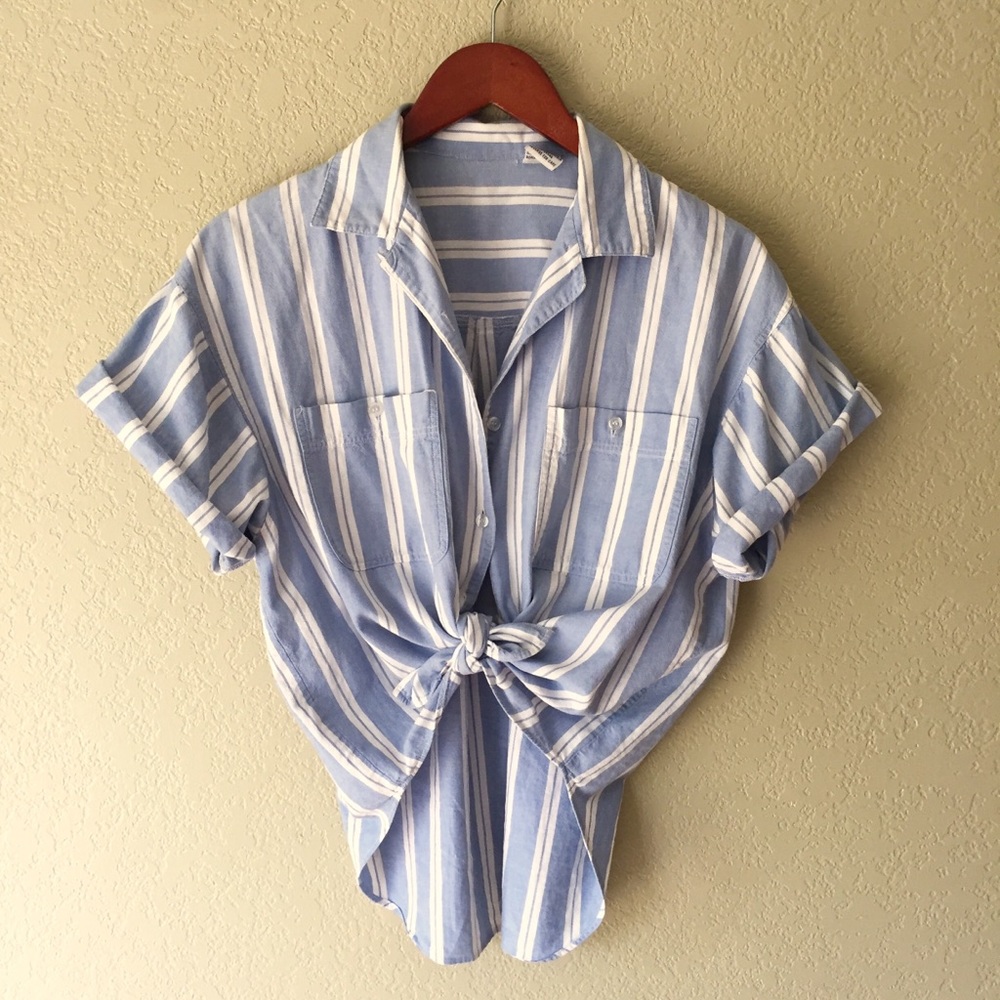 VINTAGE Blue Striped Button Down Tie Shirt